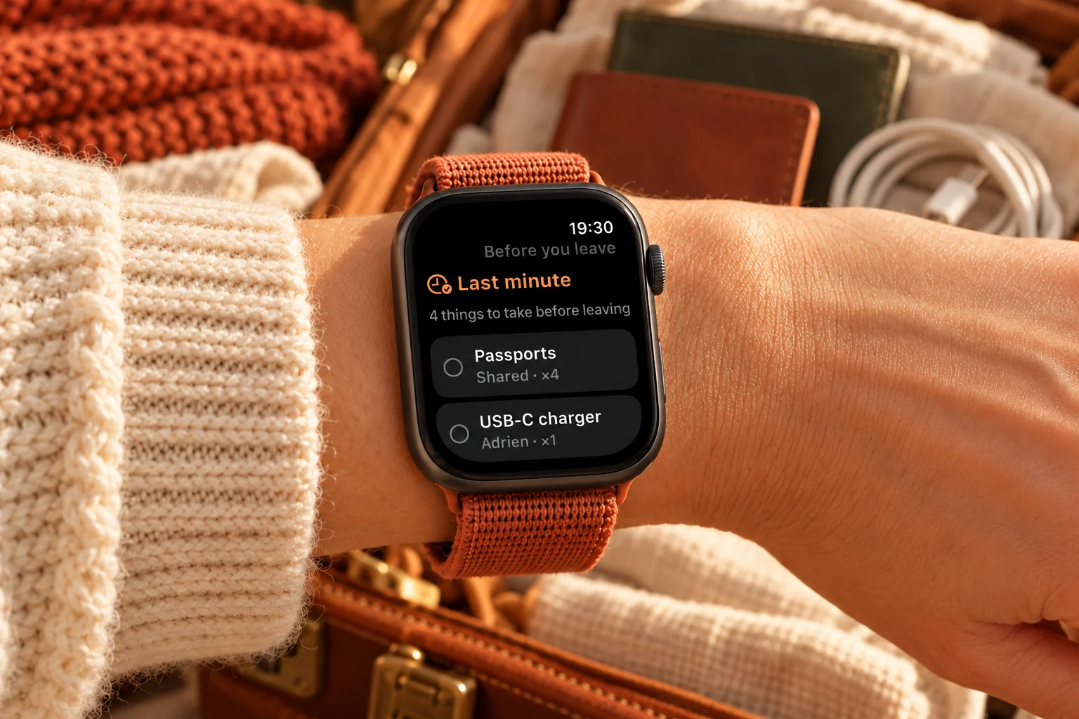 A last-minute packing list on Apple Watch above an open suitcase.